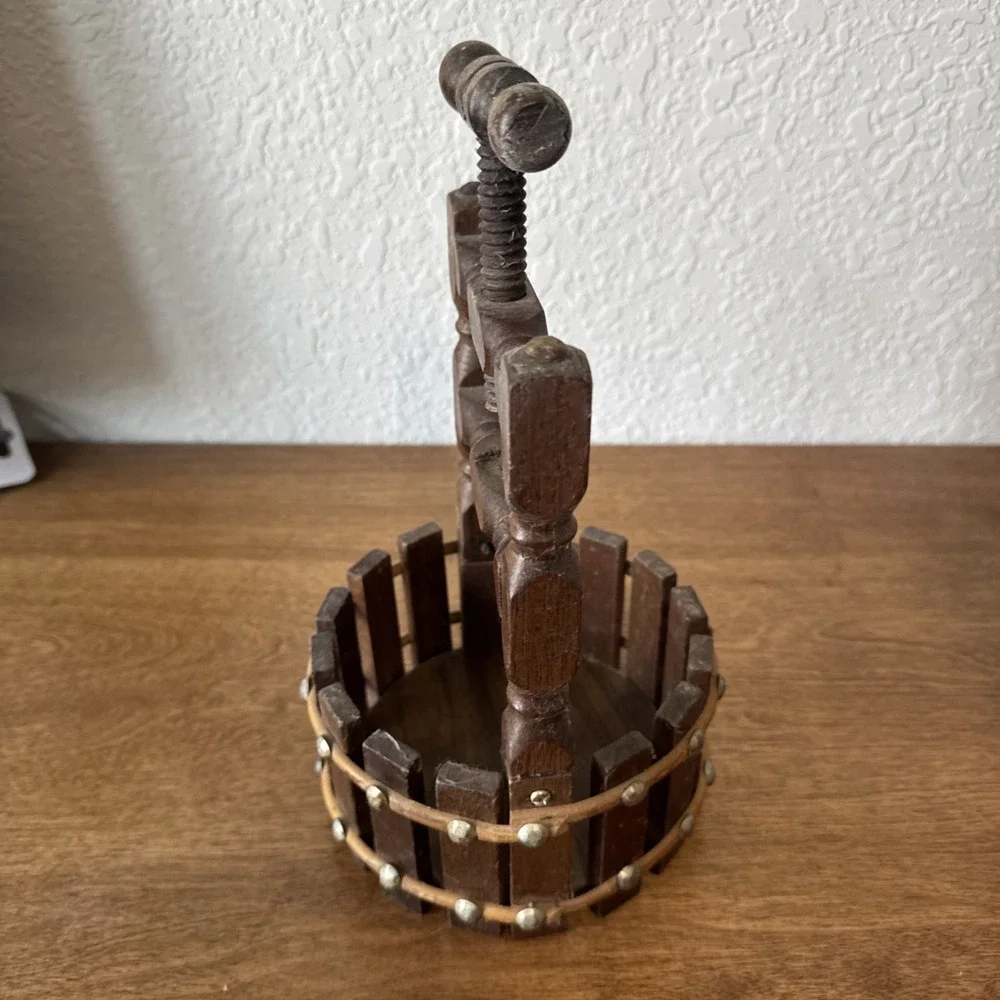 Vintage Wooden Wine Press Nut Bowl Decorative Fruit Press Rustic Farmhouse Decor